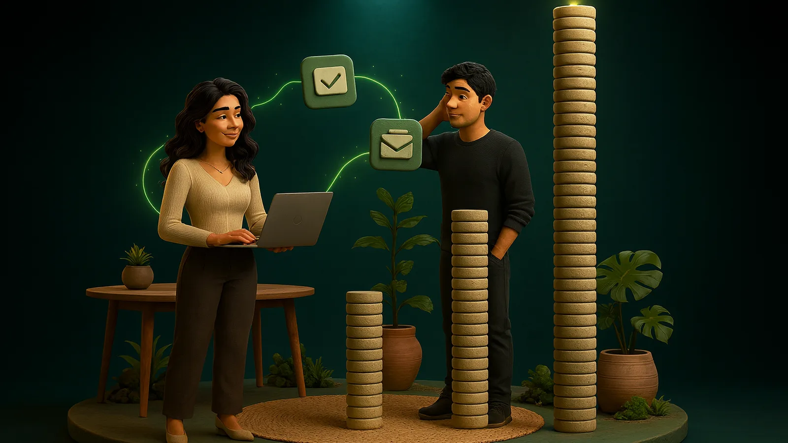 Three clay columns of coins rise from a platform: a founder stands beside the tallest, hand on his neck, while a remote executive assistant with a laptop stands near the shortest under floating checkmark and email tiles.