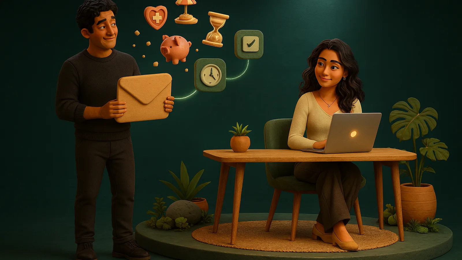 A founder holds an open clay pay envelope while a heart shield, a beach umbrella, a piggy bank, an hourglass and a clock float out of it, as a remote executive assistant works calmly at her desk nearby.