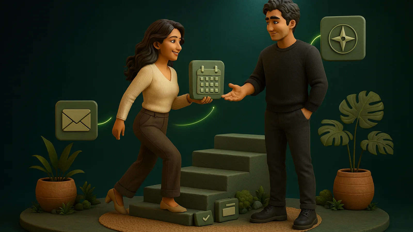 A remote executive assistant steps up a clay staircase and hands a calendar tile to the founder, with an envelope tile below her and a compass tile glowing above him.
