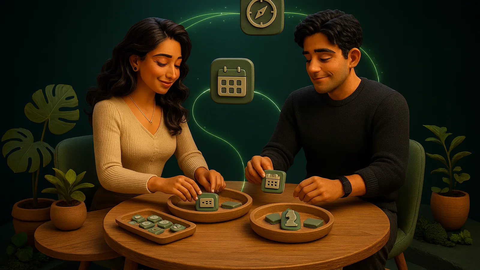 A founder and his executive assistant sit at a round table sorting clay tiles into trays: small task tiles, calendar tiles and a chess-piece tile, with a compass tile glowing above them.
