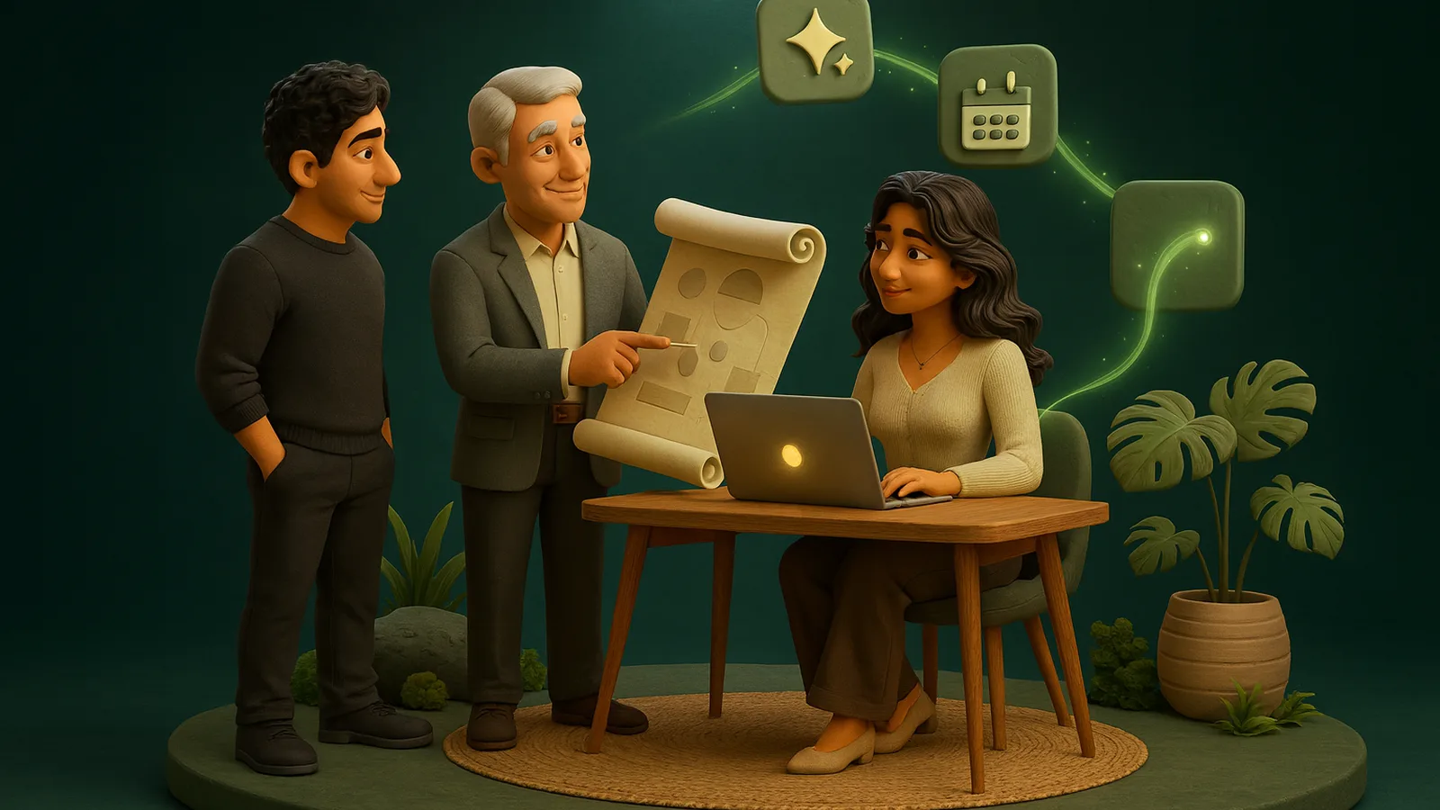 A founder listens as a silver-haired advisor in a blazer points at a rolled blueprint of abstract shapes, while an AI operator at a desk beside them is already building on her laptop.