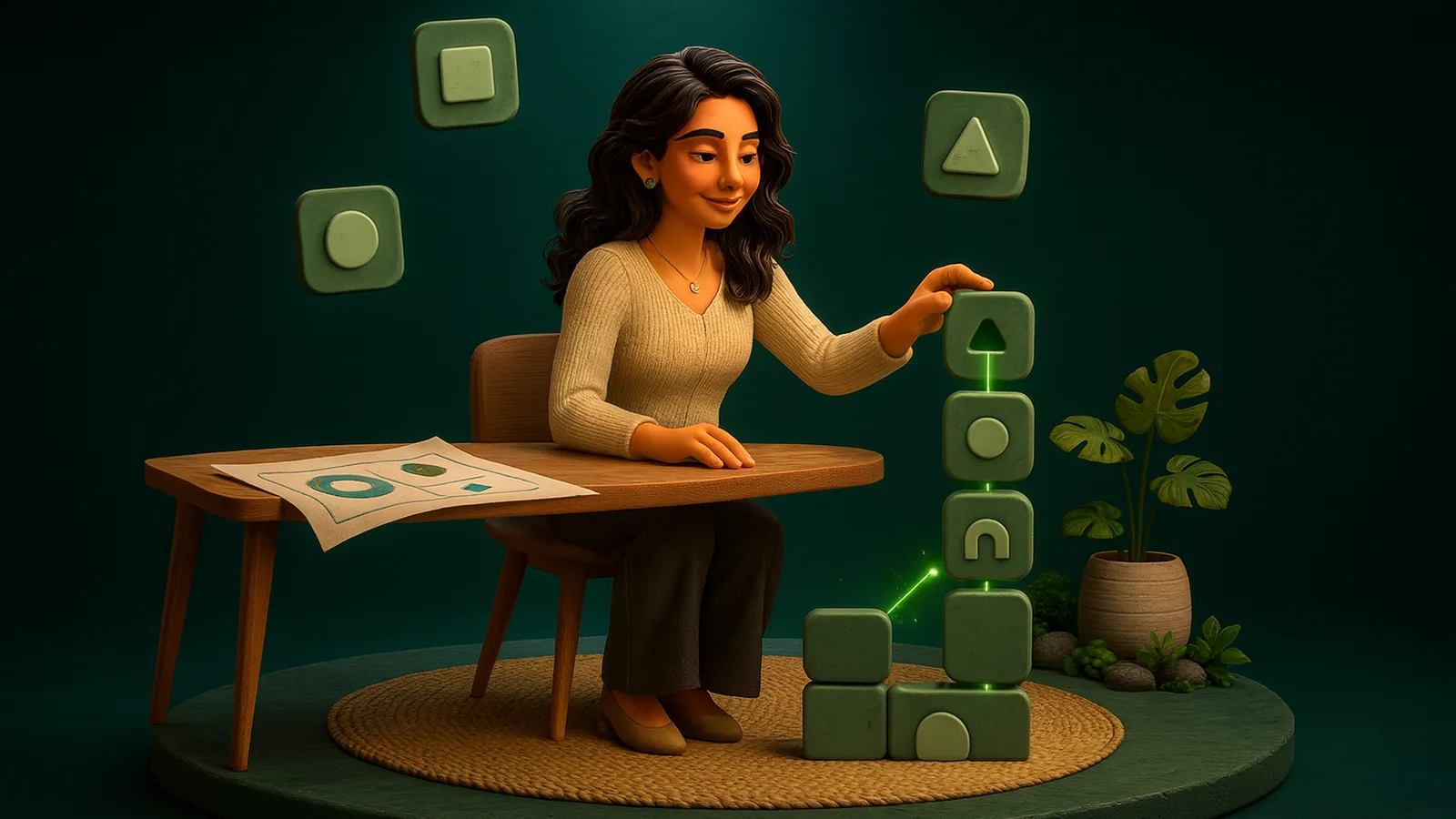 An AI operator stacks glowing sage tiles into a tower joined by an emerald line, while a sheet of plans with abstract shapes lies on the wooden table beside her.