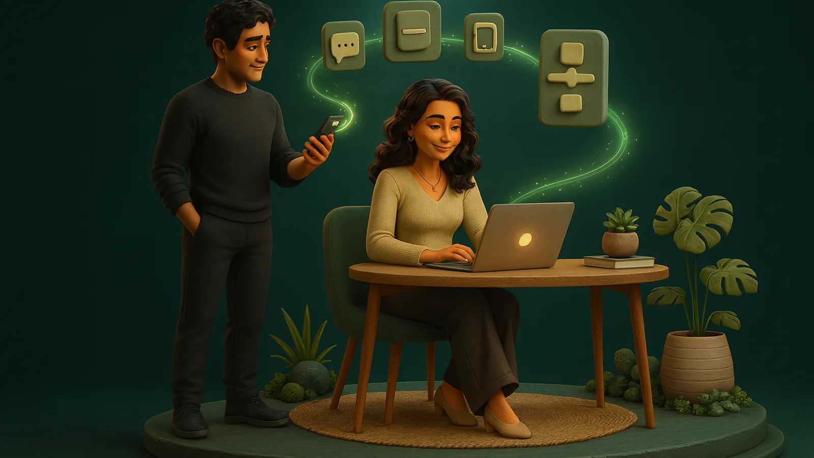 A founder speaks into his phone while glowing message tiles flow to an AI operator at her laptop, who turns them into app tiles above her desk.