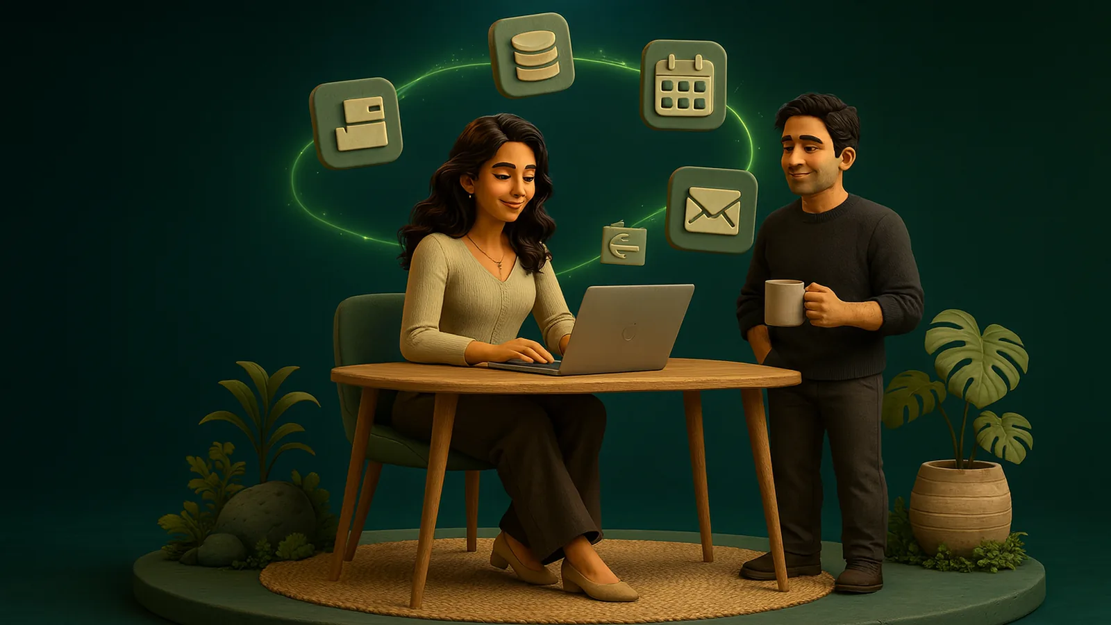 An AI operator builds on a laptop at a wooden desk while glowing app tiles, a database, a calendar and an envelope, connect above her and the founder watches holding a coffee.