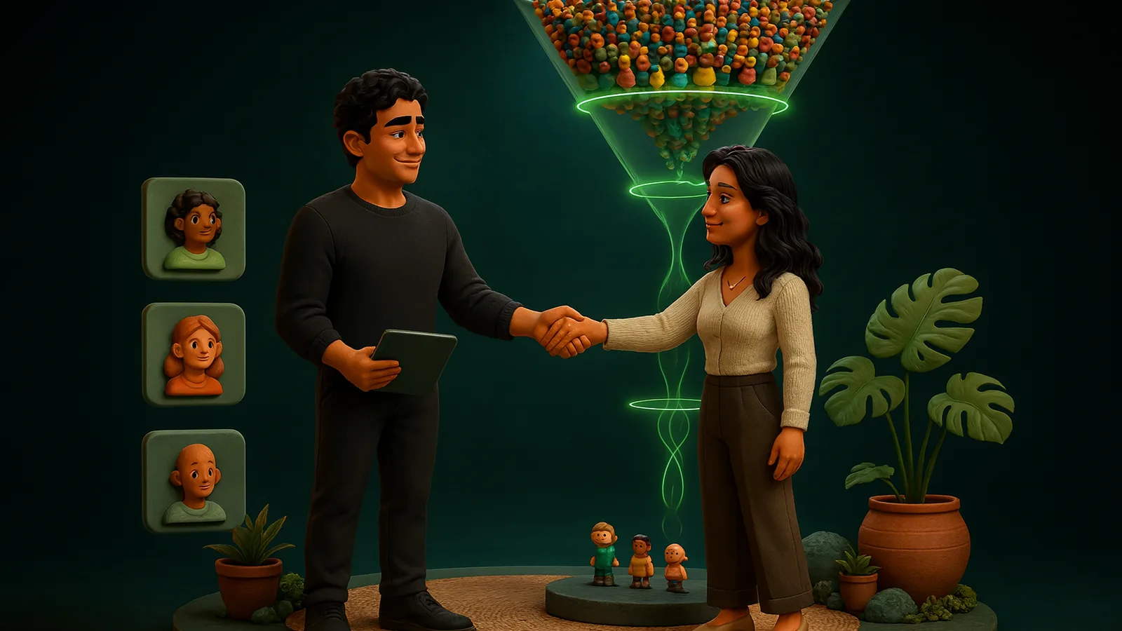 A founder holding a tablet greets a remote professional who has just stepped out of a glass funnel that narrows hundreds of tiny clay people down to a few.