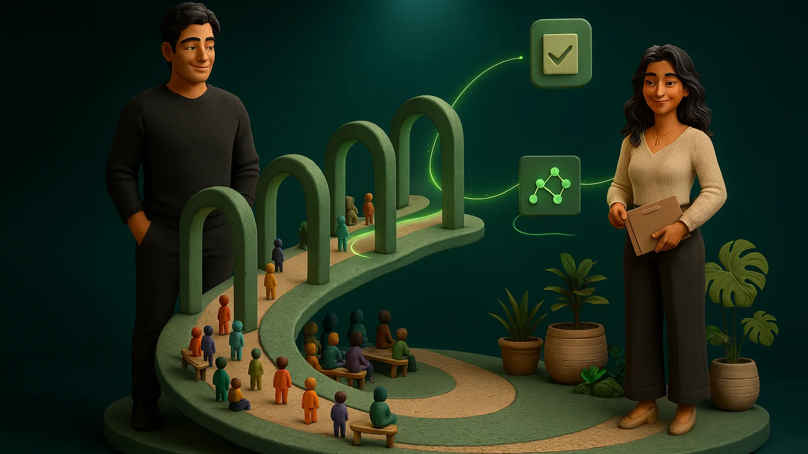 A crowd of tiny clay people walks along a path through a row of glowing archways, with fewer passing each one, toward a remote professional holding a finished project beside a laptop.