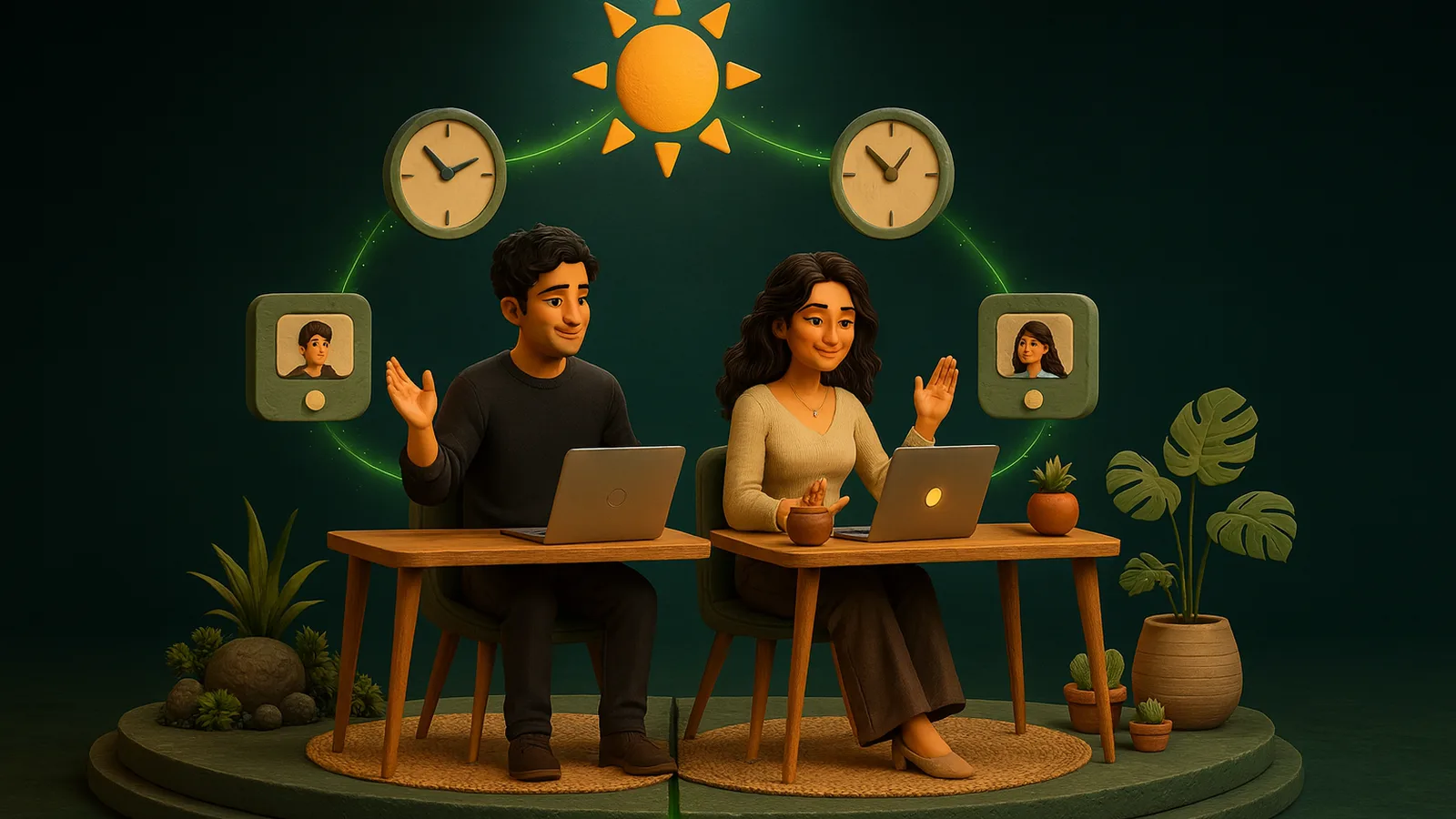A founder and a remote professional work at matching desks on two halves of one platform, both lit by the same sun, waving to each other through a video call.