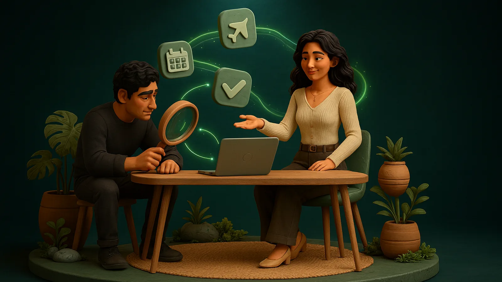 A founder inspects a chain of glowing app tiles through a magnifying glass while a remote executive assistant presents the finished work from her laptop.