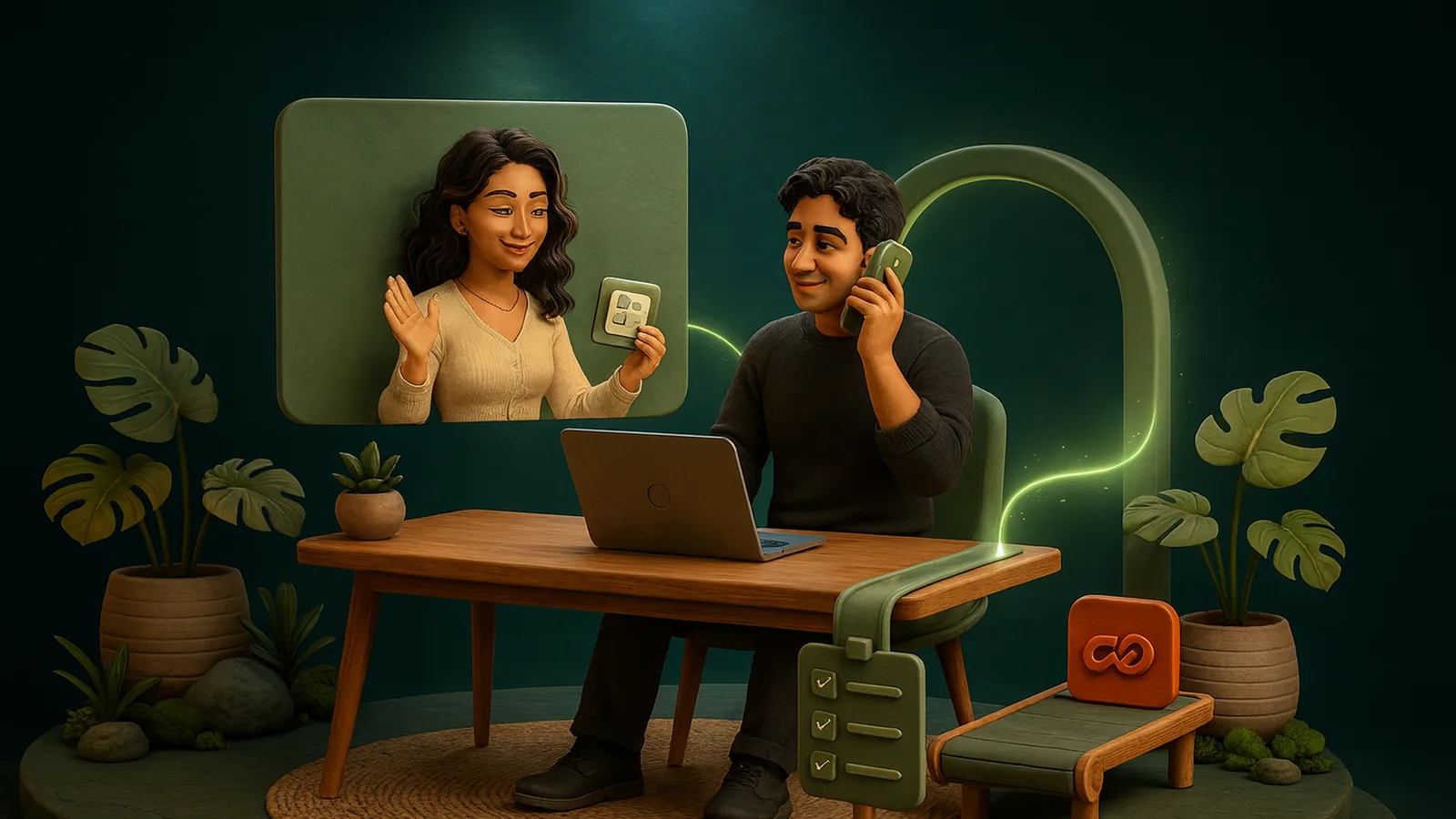 A founder on a video call with a remote executive assistant who holds up a plain ID card, next to a checklist and a conveyor belt where one broken tile has been set aside.