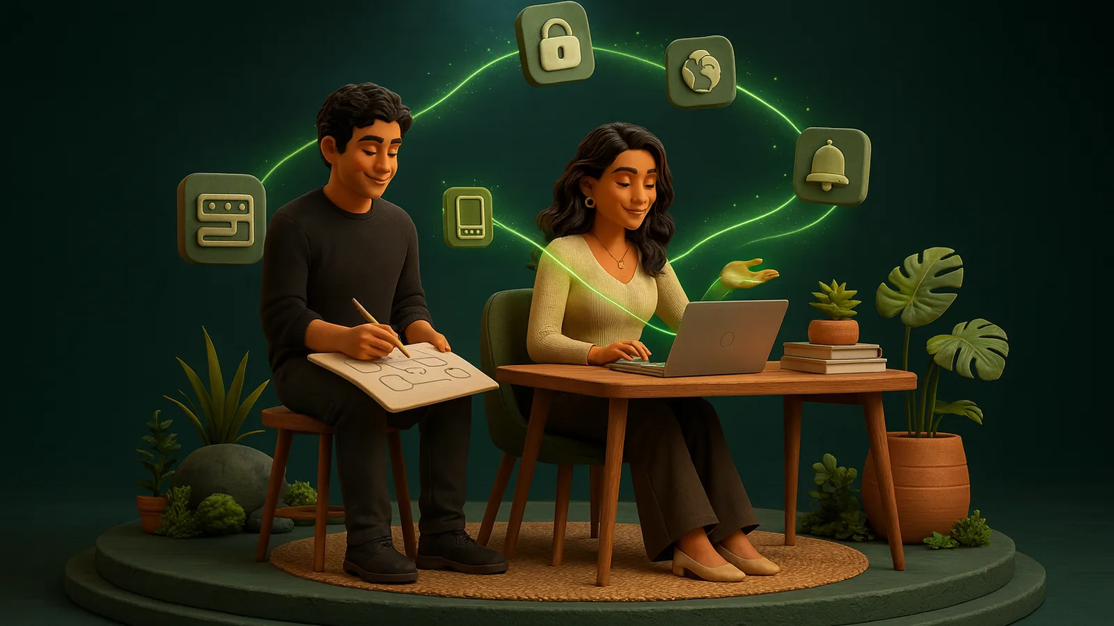 A founder sketches an app wireframe on paper beside an AI operator building at a laptop, with floating tiles for a padlock, a globe, a bell and a phone linked by glowing lines.