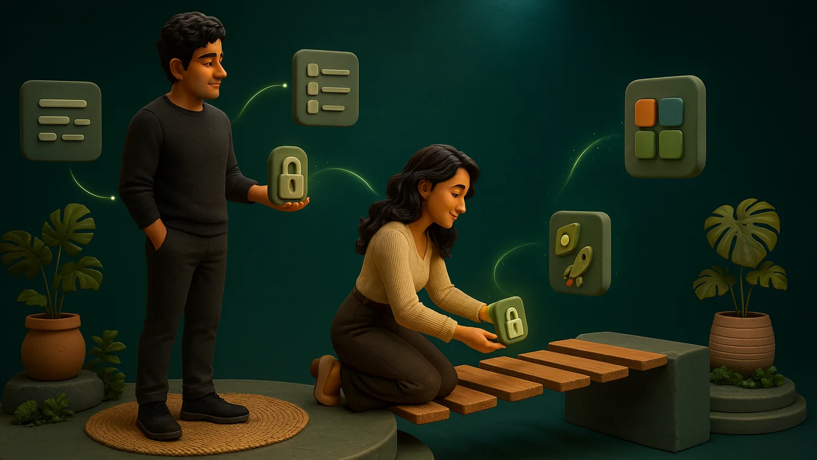 A founder holding a padlock tile watches an AI operator kneel and lay the planks of a bridge toward a finished app tile, with floating tiles for a checklist and a rocket.