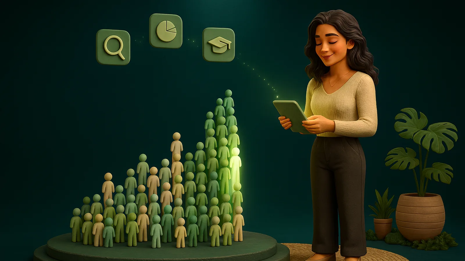 A remote professional holding a tablet studies a bar chart made of hundreds of tiny clay people, the tallest column glowing green.