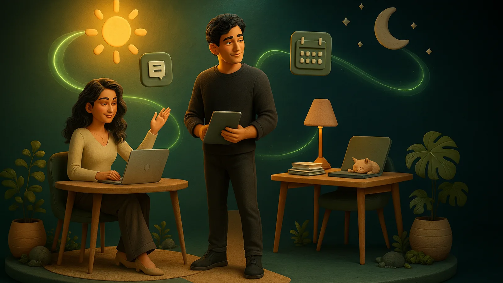 A founder with a tablet stands between two desks: on the sunny side a remote assistant waves from her laptop, on the moonlit side a lamp glows over an empty desk where a cat sleeps.