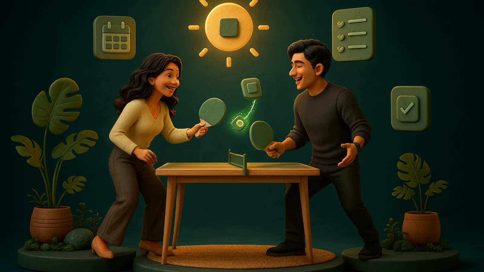 A founder and a remote assistant play table tennis across a short gap in the same daylight, a small glowing app tile bouncing between their paddles.