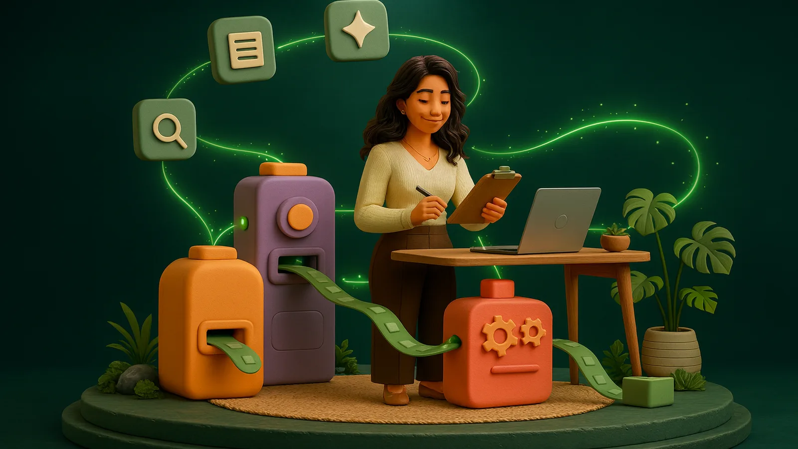 An AI operator with a clipboard compares three different clay machines, orange, purple and coral, each feeding tiles along glowing lines into one line that ends at her laptop.