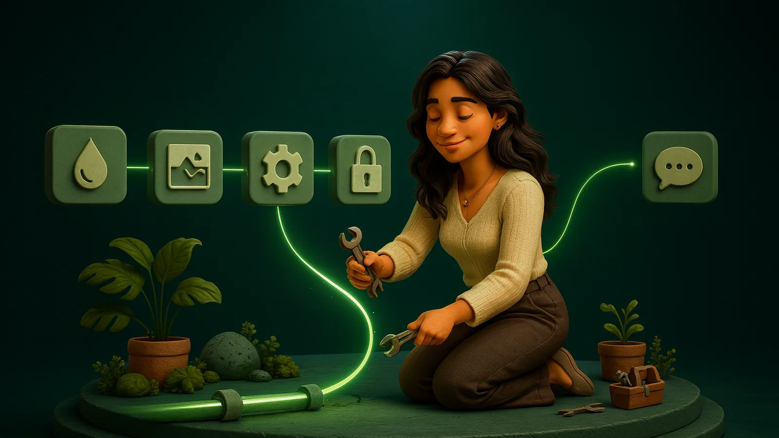 An AI operator kneels with two small wrenches beside a glowing pipeline, reconnecting a line in a chain of linked app tiles.
