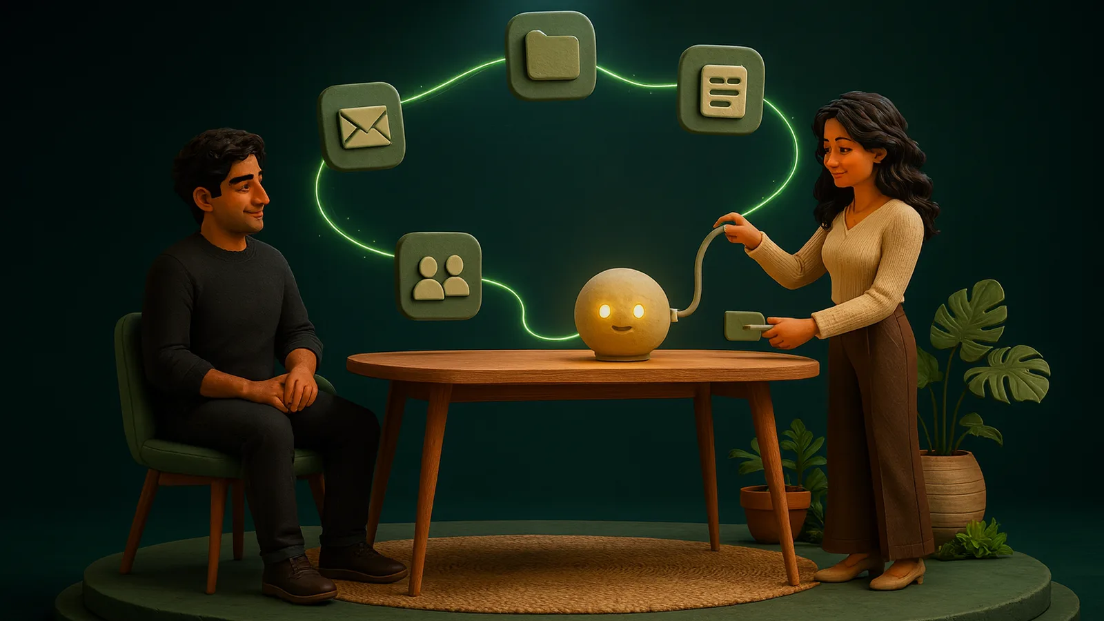 An AI operator plugs a clay cable into a small glowing orb on a founder's table, while one glowing line links the orb to floating app tiles for email, files, documents and contacts.