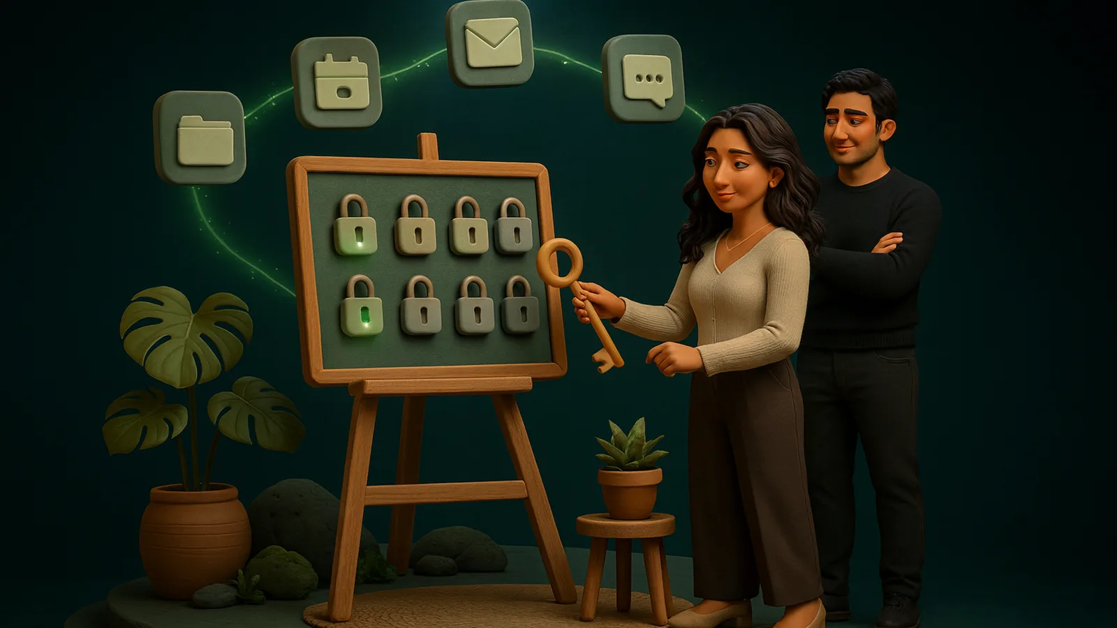 An AI operator holds a large key up to a board of clay padlocks, two of them open and glowing, below floating app tiles for files, calendar, email and chat, while the founder watches with a trusting smile.