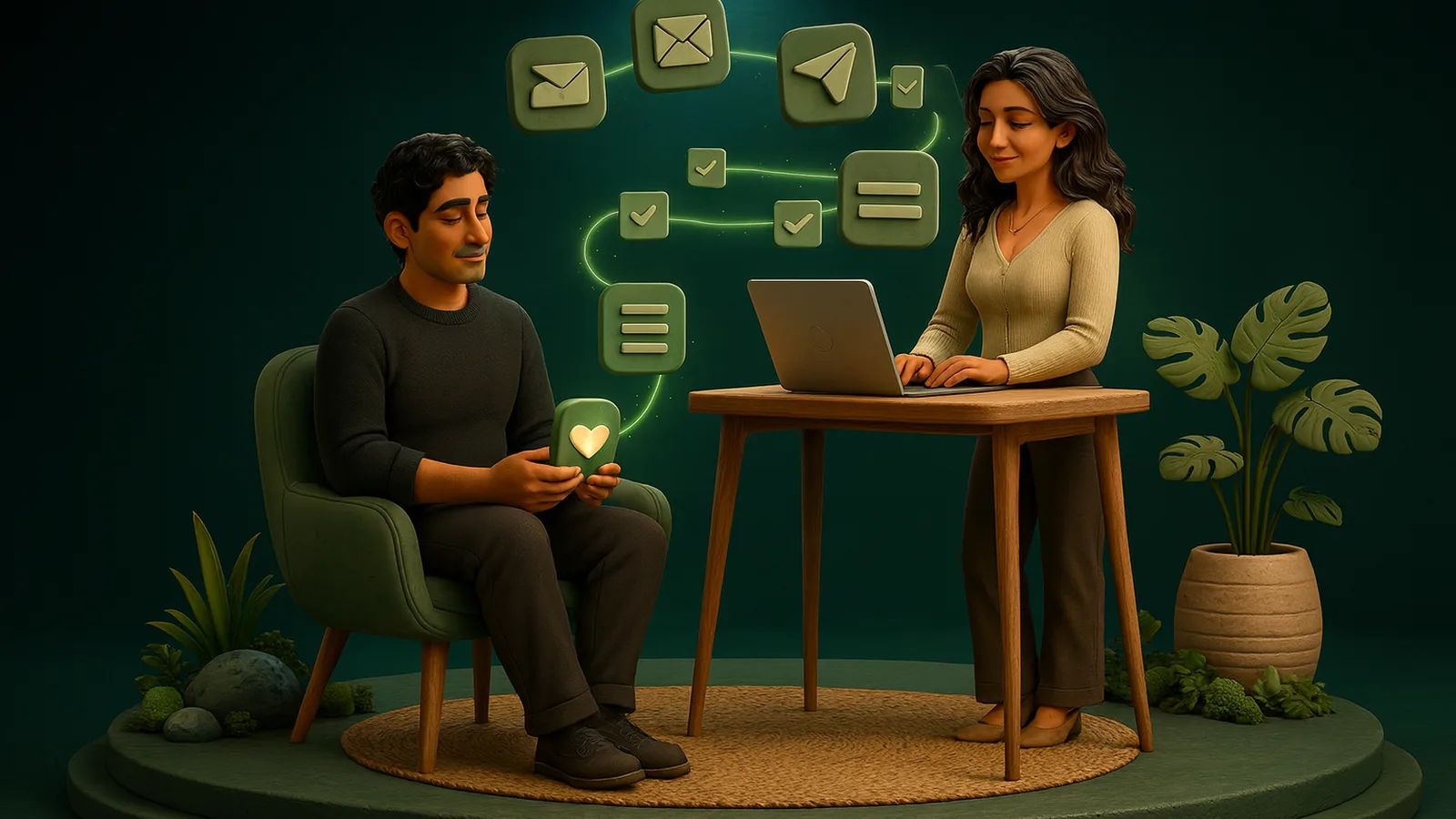 A founder relaxes in an armchair holding one glowing tile while his executive assistant works at a standing desk as a stream of email, calendar and checklist tiles flows over to her.