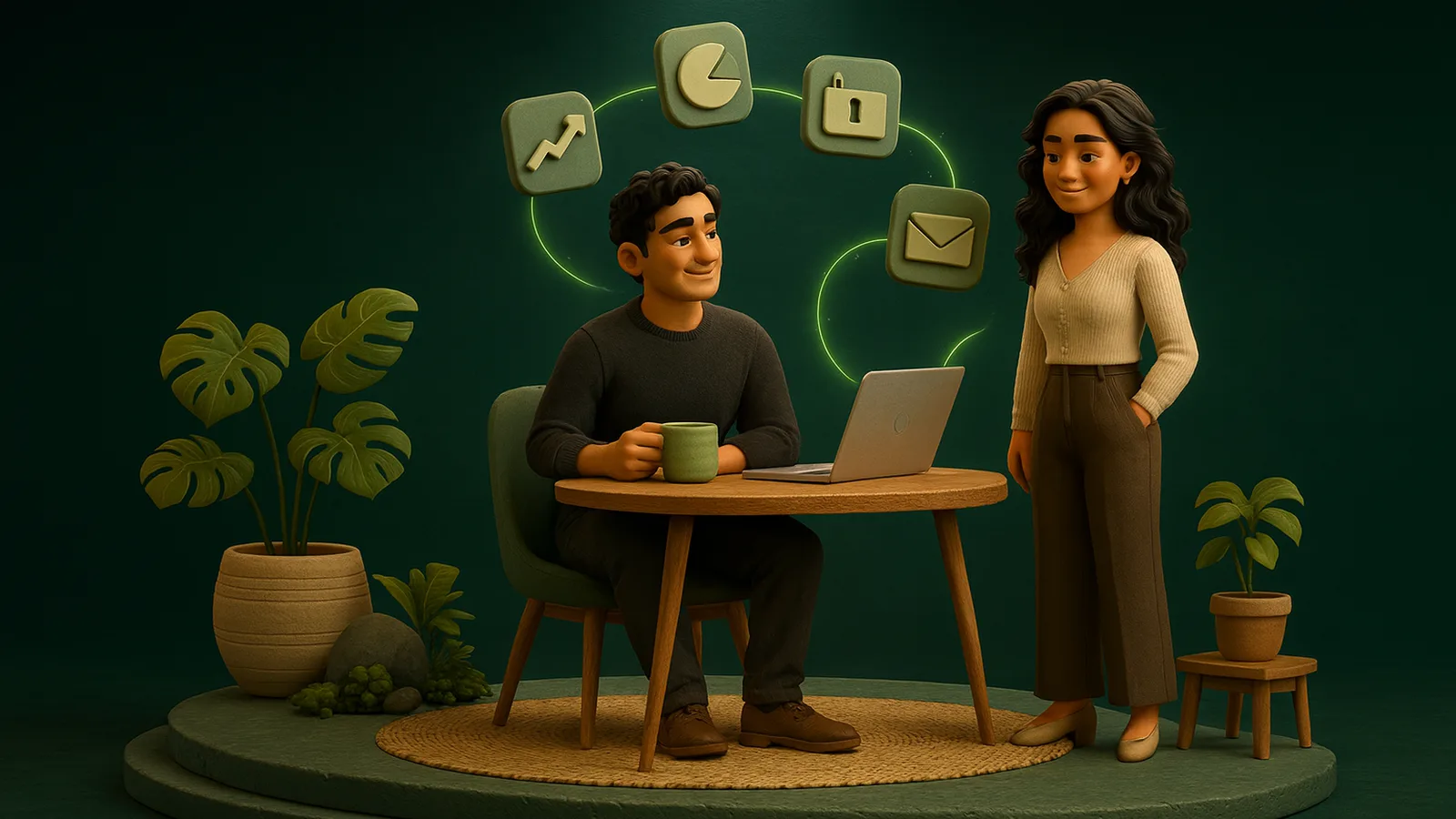 A financial advisor sits relaxed at a round wood table with a mug and laptop while an AI Operator stands beside him under floating tiles for growth, a pie chart, a lock and an envelope linked by green lines
