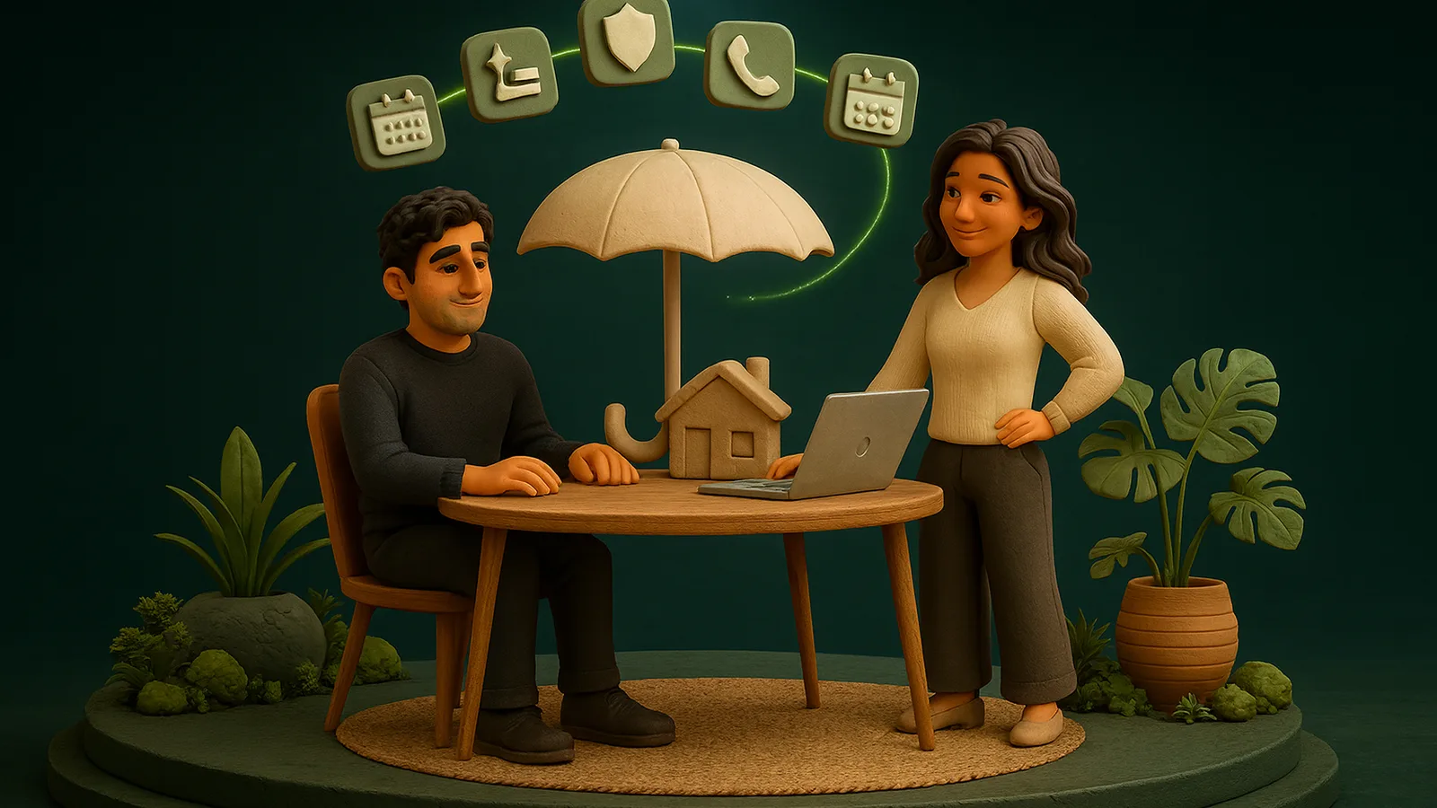 An insurance agent sits at a round table under a large clay umbrella sheltering a small house, while an AI Operator with a laptop connects floating tiles for a shield, calendar and phone with green lines