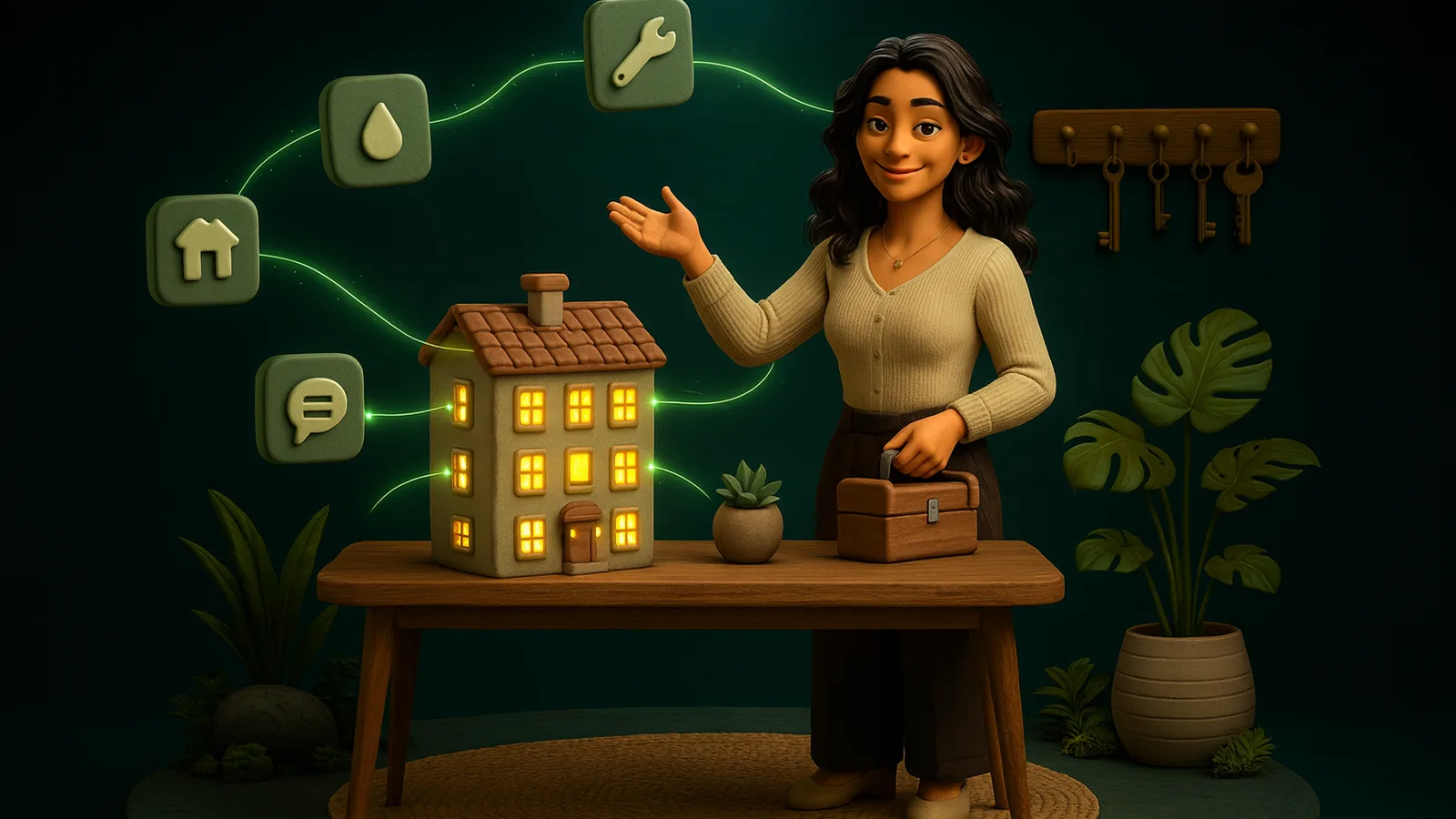 An AI Operator stands beside a clay model of a small apartment building with lit windows, a key rack behind her, while tiles for repairs, water, messages and the home connect to the windows by green lines