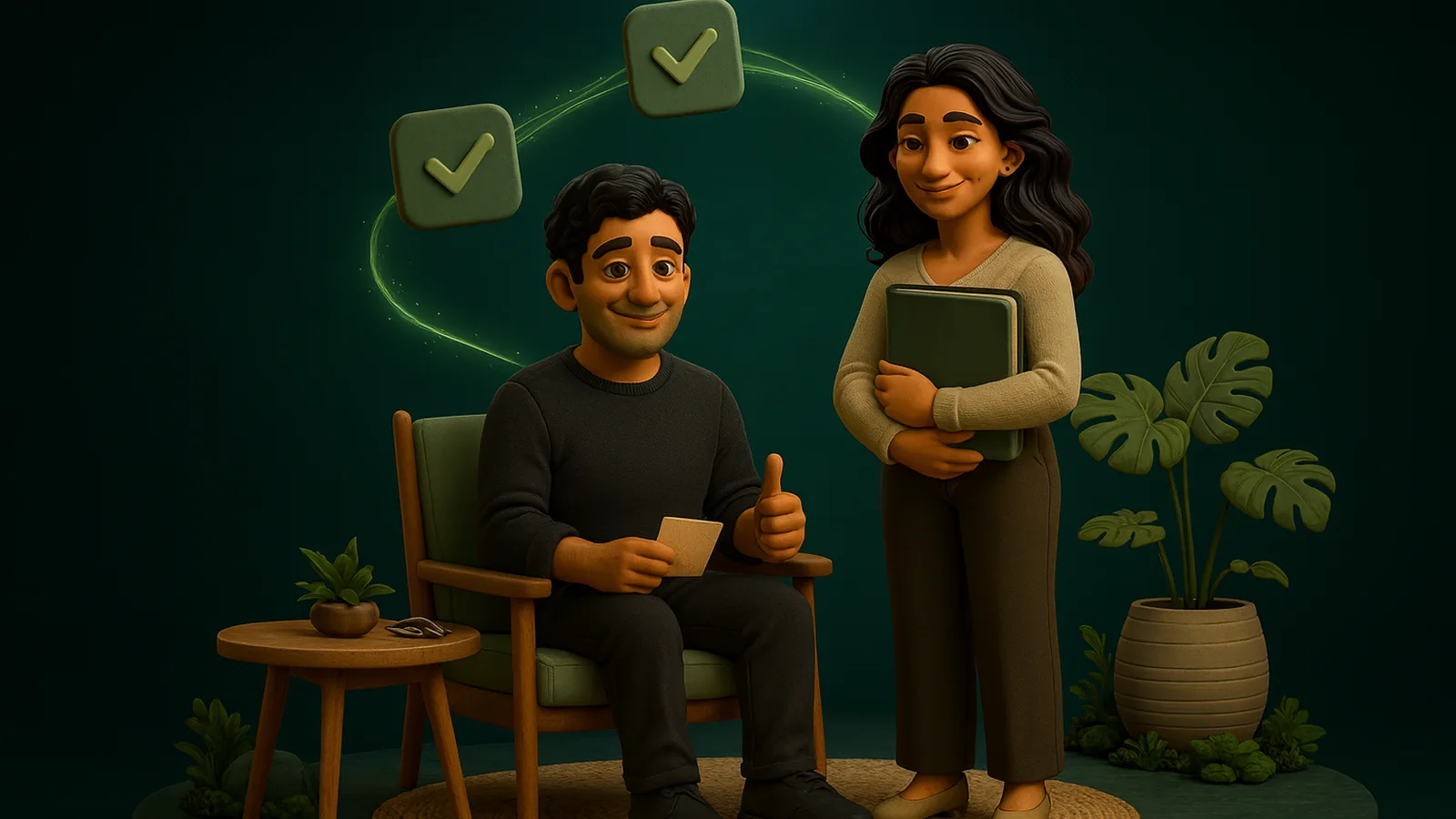 The founder gives a thumbs up holding a small note while the AI Operator holds a green binder beside a key ring