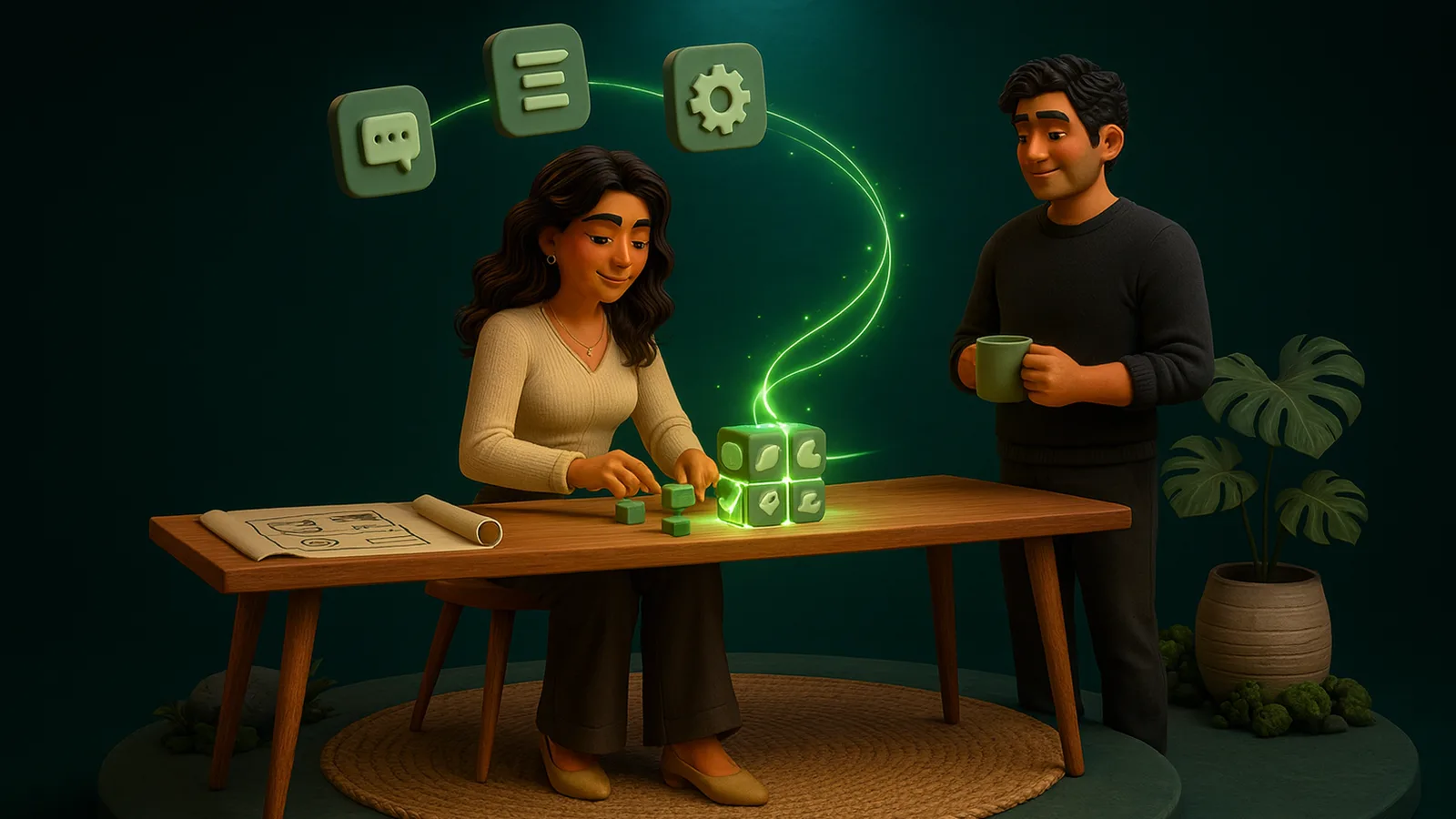 An AI Operator turns a paper blueprint into building blocks and then into a running machine of glowing app tiles while the founder watches