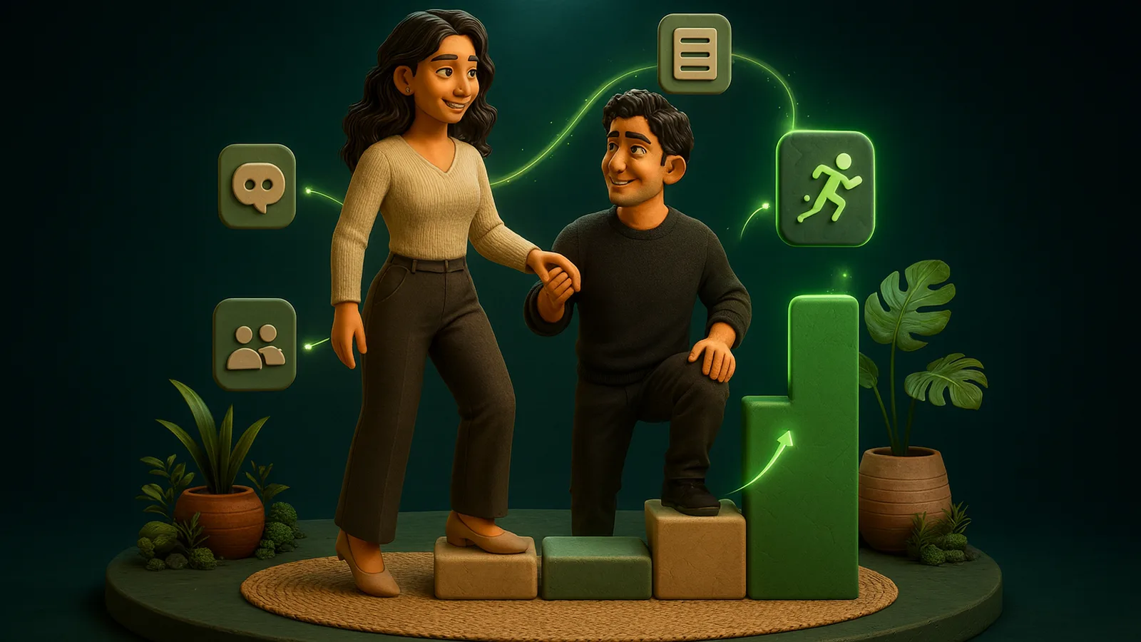 Three rising clay steps, sand, sage and glowing emerald, with an AI Operator on the middle step helping the founder up