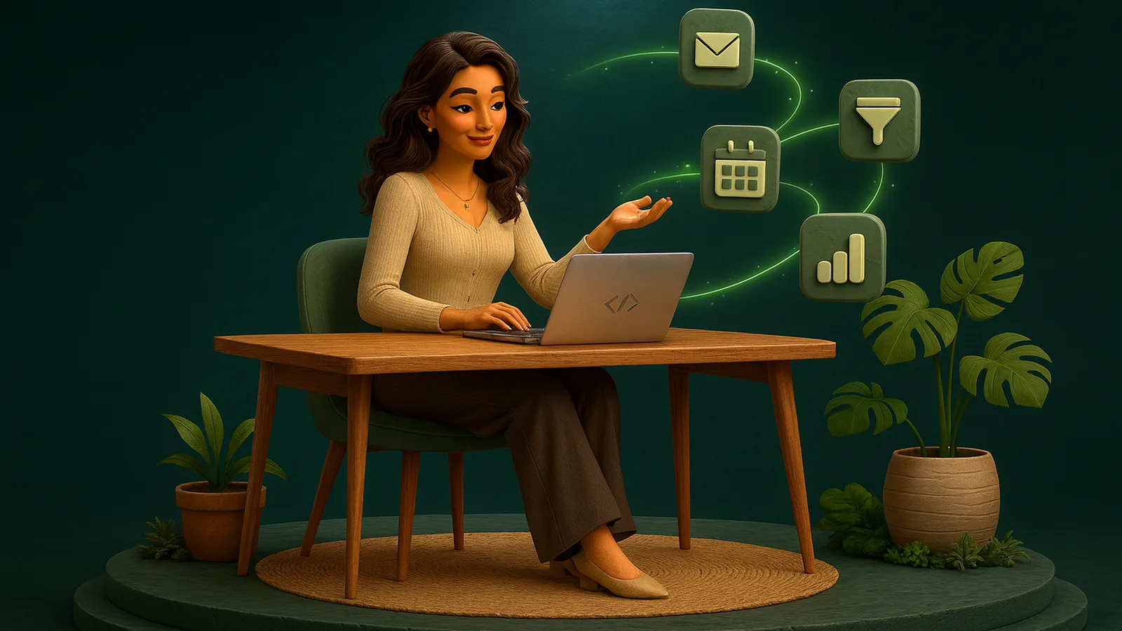An AI Operator at her desk sends glowing lines from her laptop to inbox, funnel, calendar and dashboard tiles