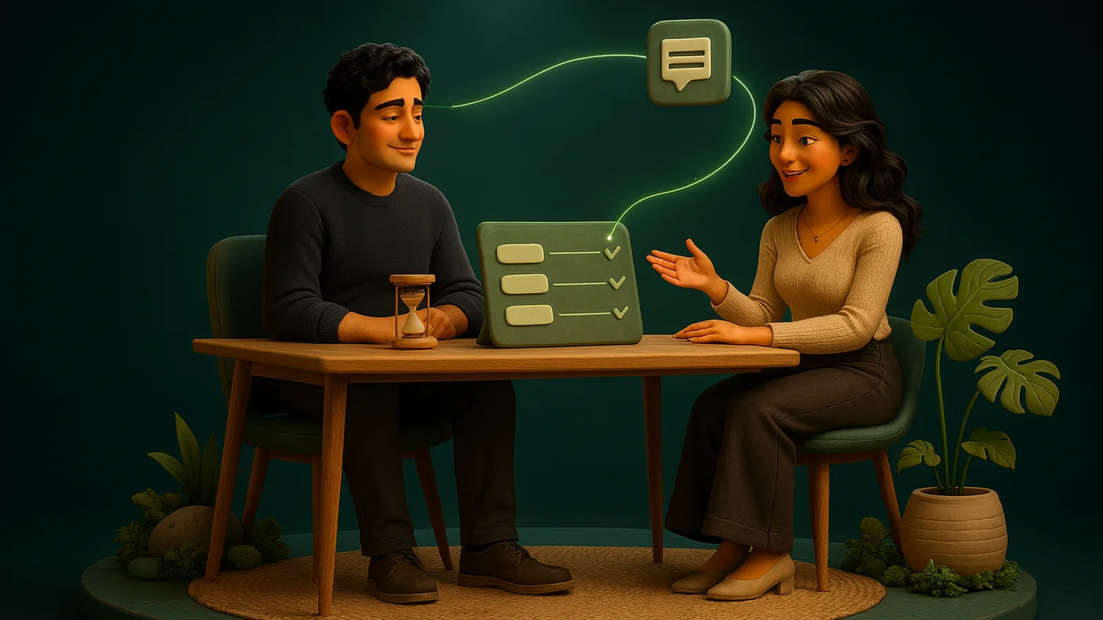 A founder and an AI Operator review a four-step workflow with a checkmark on a tablet, a small hourglass on the desk