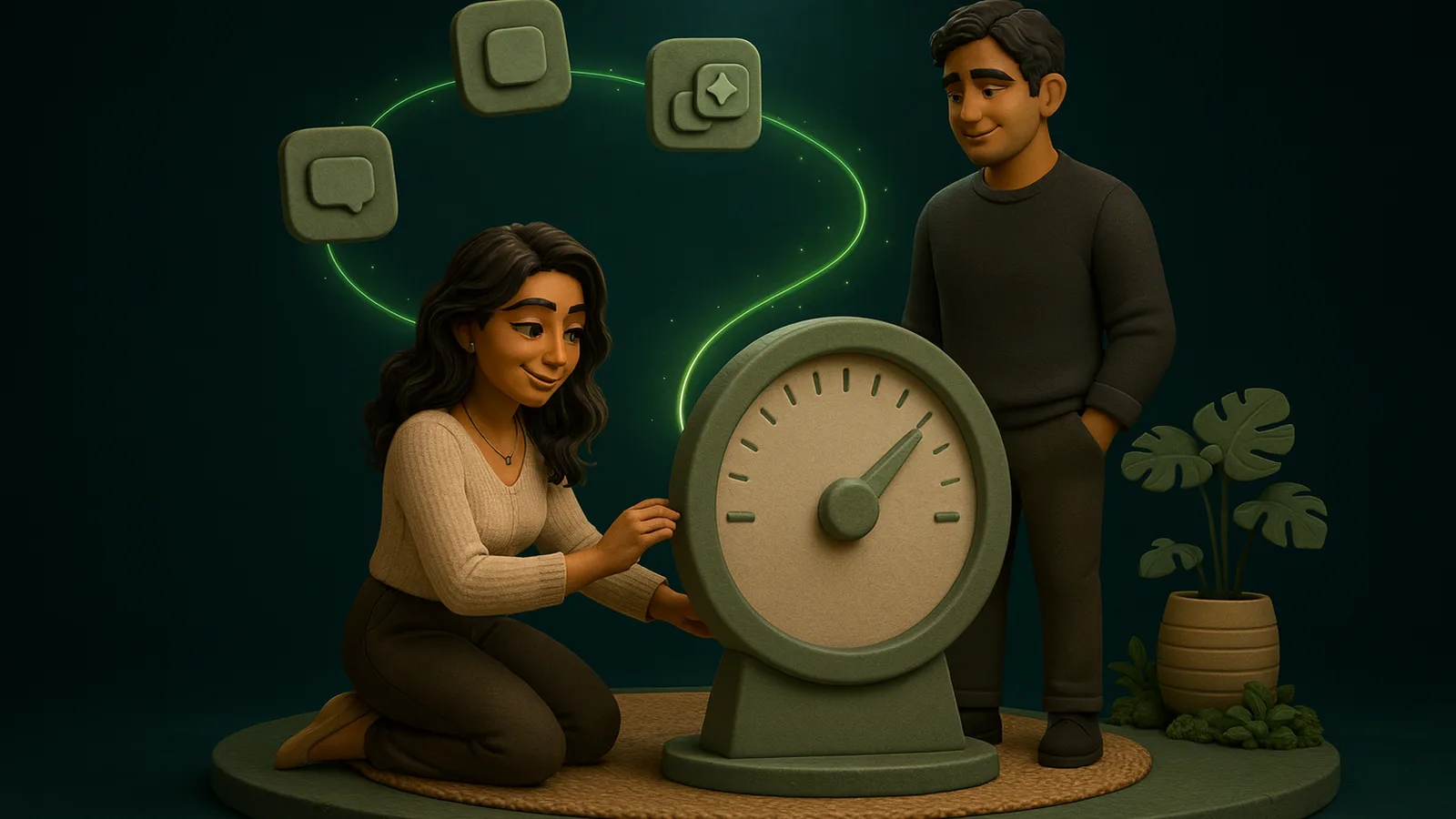 An AI Operator adjusts a large clay gauge while the founder watches, with connected app tiles glowing behind