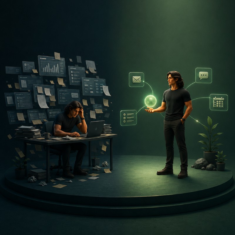 Founder overwhelmed by floating dashboards, charts, and chat windows