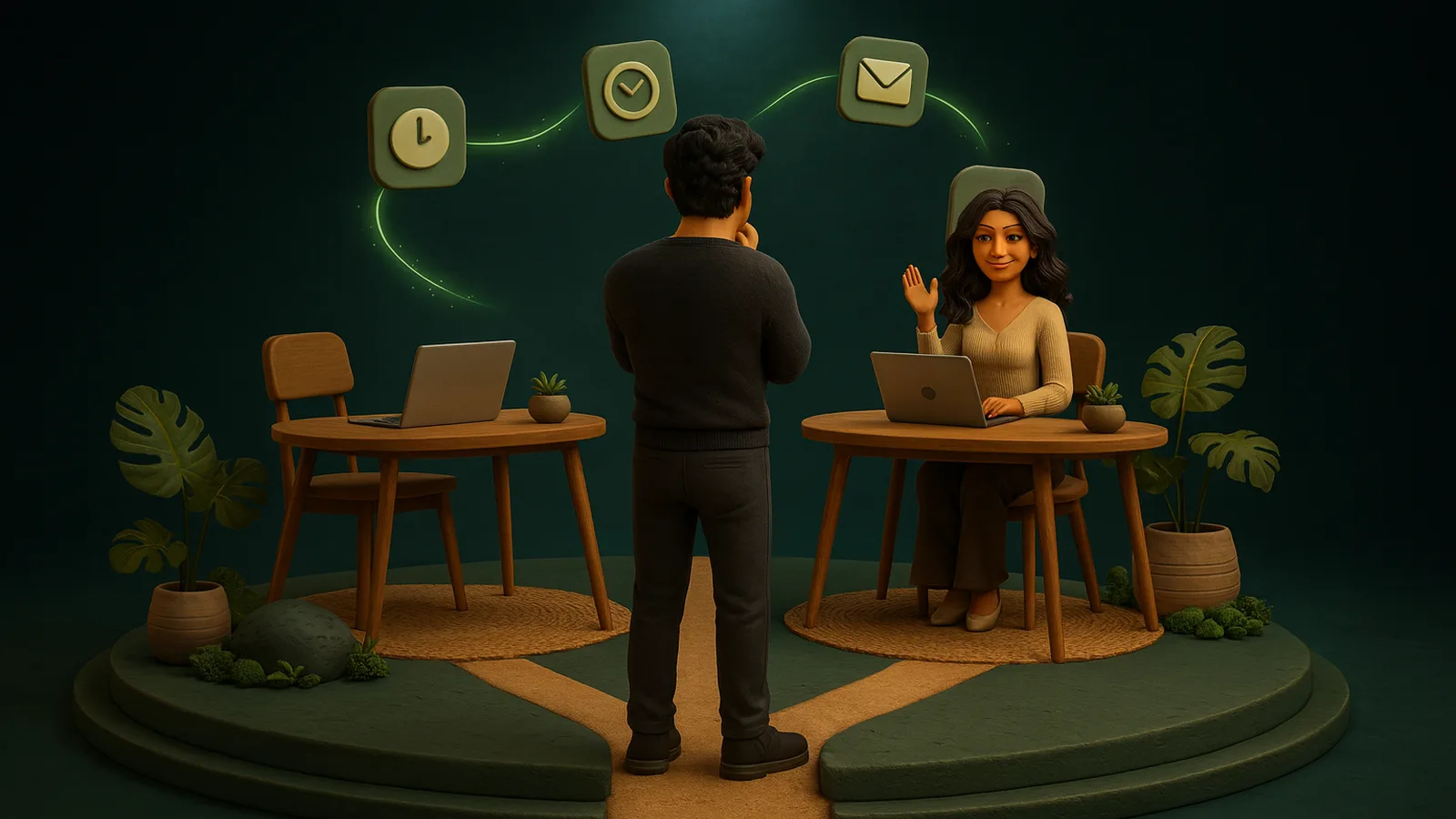 Clay illustration of a founder standing where a path forks toward two desks, one empty and one where an assistant waves him over